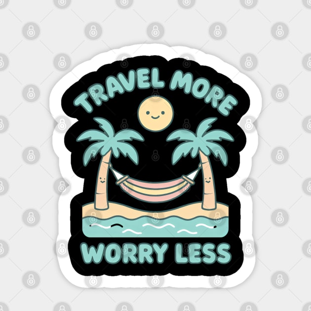 Travel More Worry Less - Cute Beach Hammock Design with Kawaii Sun and Palms Sticker by WarFX Designs